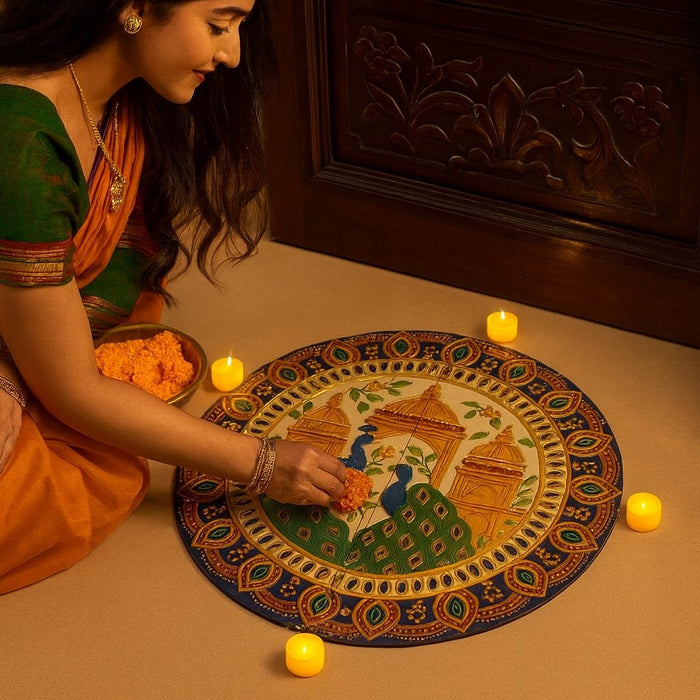 India’s First 3D DIY Rangoli Kit with Mirror Design | 17 Inch | Includes 5 Free LED Candles (Palace Peacock)