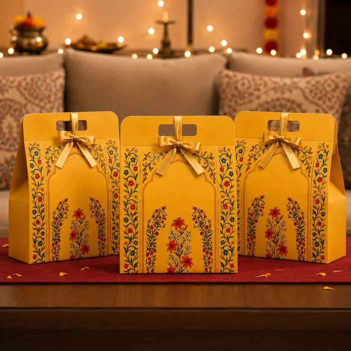 Yellow Rajawadi Gift Hamper Box with Ribbon | Premium Cardboard Gift Box for Dry Fruits, Sweets & Chocolates