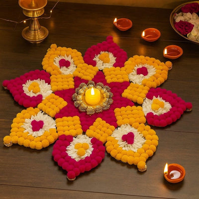1 Piece Rajwadi Multi Colour Flower pompom Design Rangoli, Easy to Use. Just Set up with your own choice and make Rangoli for Floor Home Diwali Decoration DIY