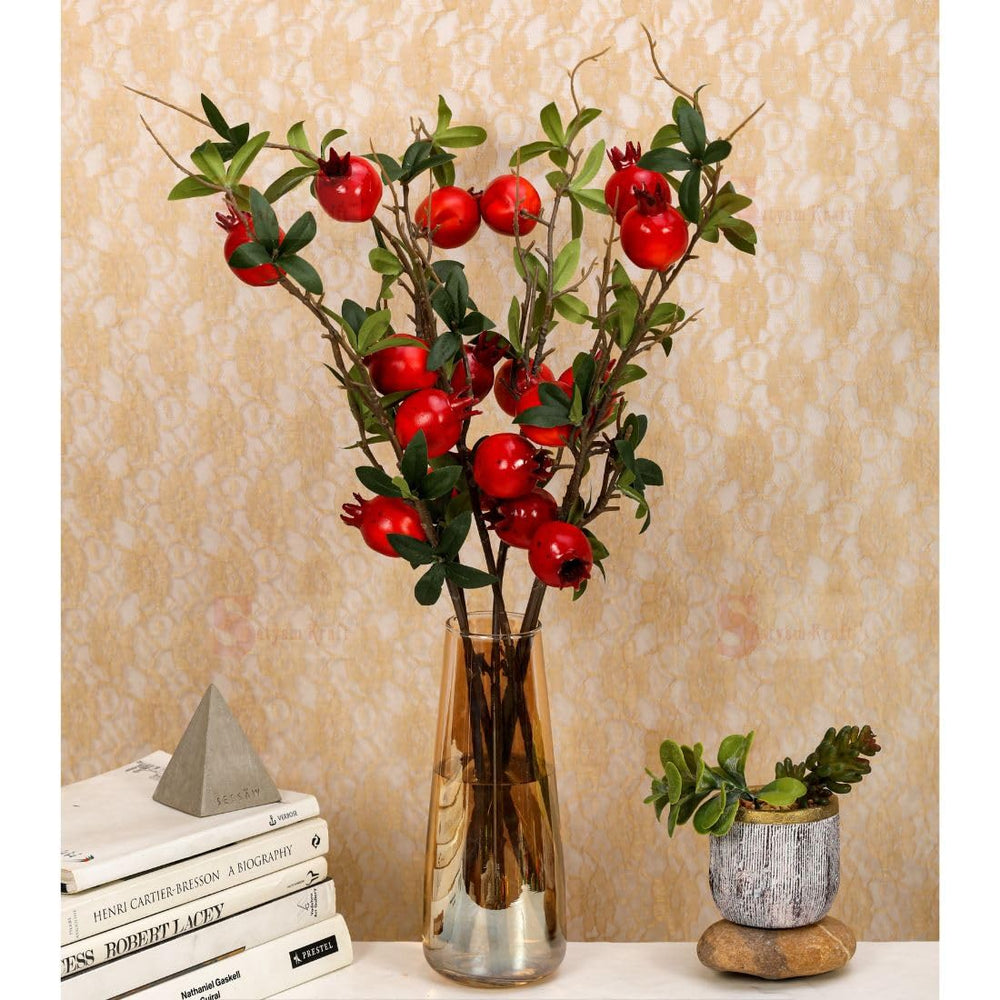 3 piece Artificial Faux Pomegranate Plant Stick, Enhance Your Space with Artificial Pomegranate Plant Big Realistic Leaves for Decoration - Ideal for Home, Office, Garden, and Indoor, (Pack of 3)