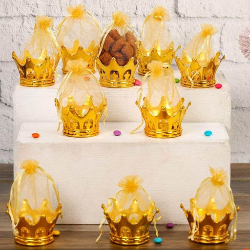Crown Style Golden Decorative Net Potli Storage Basket for Gift, Chocolates Dry Fruits Packing, Pouches, Shagun, Wedding Gift, return gift, Return Gift, Decoration Item (Gold, Acrylic)