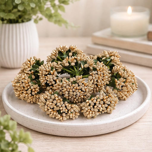 Artificial Golden Pollen Flowers for Tiara Making and Jewelry Making (12 Bunch in 1 Pack)(Golden)