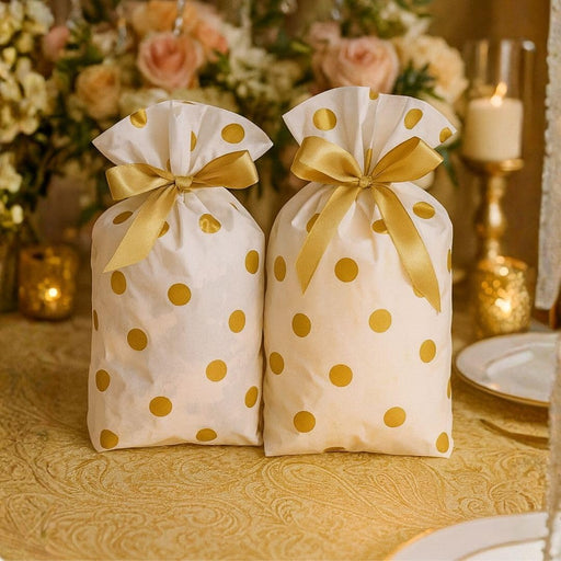 Polka Dot Gift Pouches with Satin Ribbon – White & Silver/Gold Dots