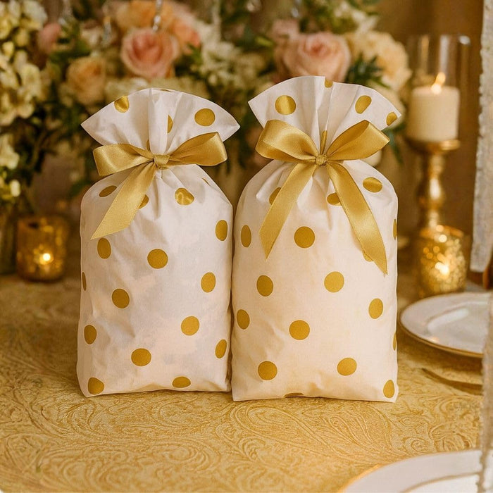 Polka Dot Gift Pouches with Satin Ribbon – White & Silver/Gold Dots