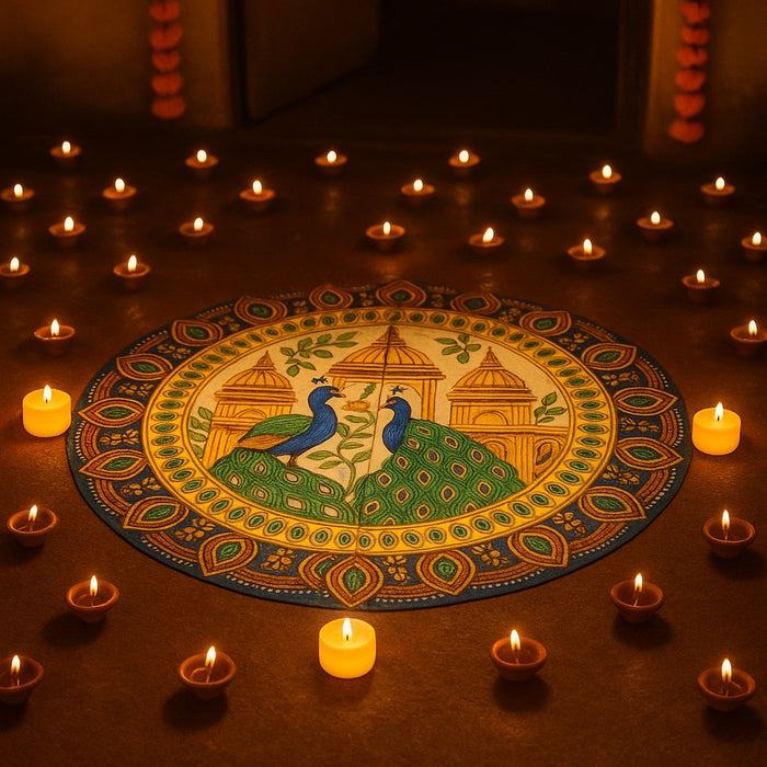 India’s First 3D DIY Rangoli Kit with Mirror Design | 17 Inch | Includes 5 Free LED Candles (Palace Peacock)