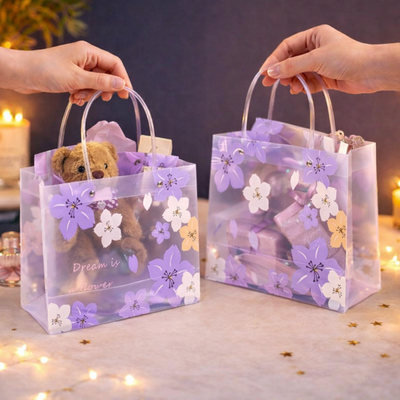 Purple Transparent Gift Bag with Floral Print    | Gift Bag for Her/Him,  hamper bag, Carry Bags, shopping gift bag, Presents, Packing, Wedding Return Gifts, Birthday, Events, Festivals (24 cm x 22 cm)