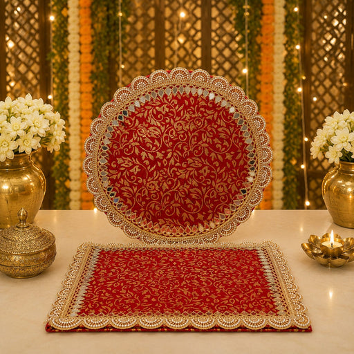 Premium Ganpati & Kanha Ji Singhasan Backdrop Mandap Set | Red Gold Finish Mirror Lace |Made In India | Pooja Festival Decoration