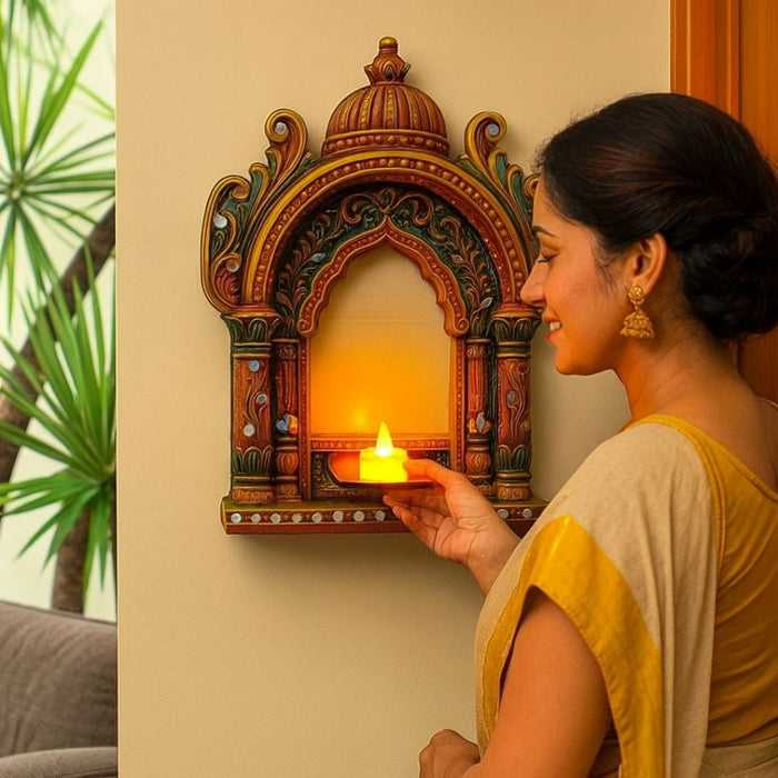 1 Pcs Handcrafted Jarukha Design Wooden Candle Holder –with FREE LED CANDLE with DIY KIT