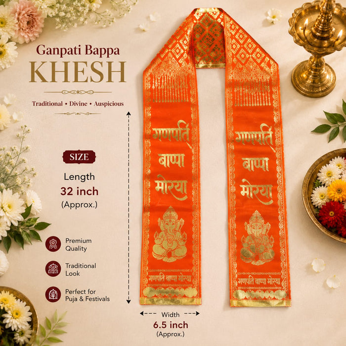 Premium Ganpati Bappa Morya Khes (Red & Orange) | Devotional Printed Puja Stole | 33 × 6 Inch | Ganesh Festival, Visarjan, Bhajan