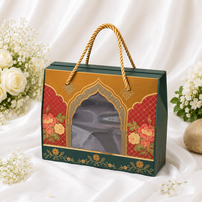 Royal Floral Window Hamper Box with Luxury Rope Handle | Premium Gift Packaging Box for Wedding, Rakhi, Diwali, Return Gifts, Chocolates & Dry Fruits | 19 × 15 × 10 CM