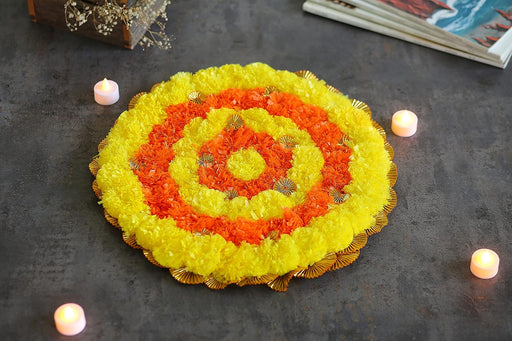 SATYAM KRAFT 1 Pcs Genda Marigold Artificial Flower mat Rangoli Mats for Pooja mandir Room, Ganpati Assan, Backdrop for mandap Home, Events, Festival Decoration and Craft (15 inch Diameter)
