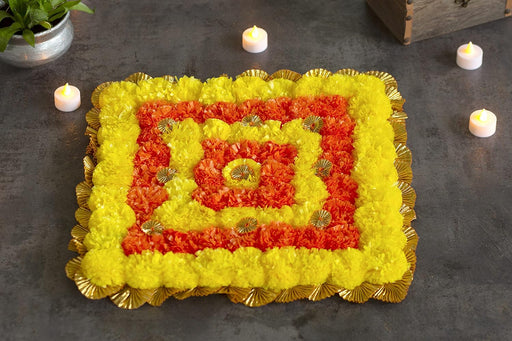 SATYAM KRAFT 1 Pc(15 inch) Diameter Artificial genda Marigold Flower Rangoli Mats for Pooja mandir Room,Ganpati Assan,Backdrop,mandap,Home,Events,Festival,Function Decoration and Craft(Yellow&Orange)