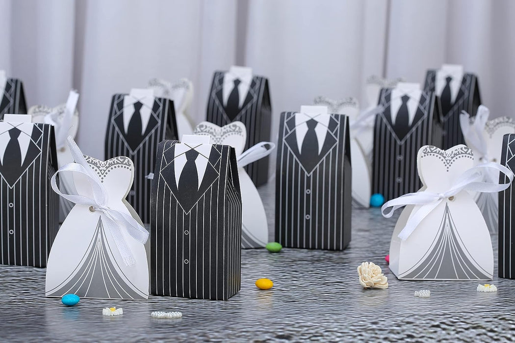 50pcs (25 Bride and 25 groom) style shaped candy Folding Storage Box for Return Gift , Birthday, Valentine's Day - Cardboard Boxes with Ribbon, Perfect for Packing Chocolate, Dry Fruits, and Invitations (Black & White)