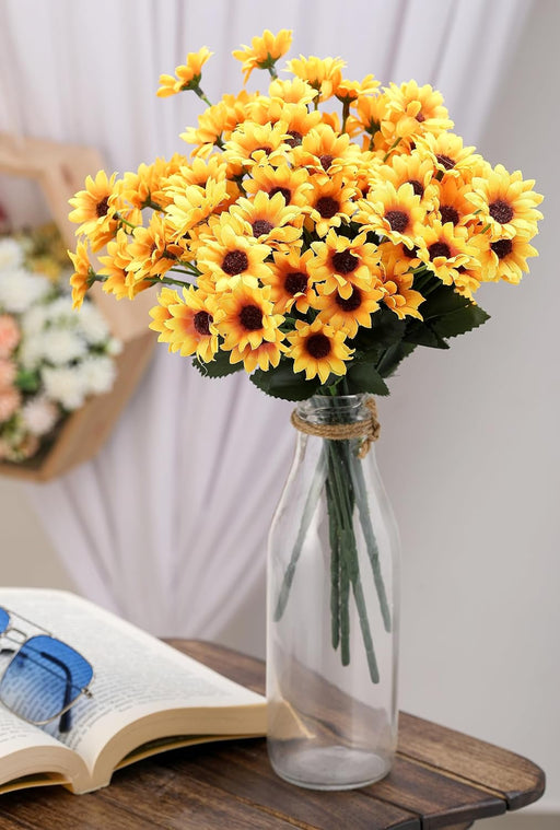 2 Pcs Artificial Sunflowers Bunch Fake Flowers for Home,Artificial Pastoral Flower, Bedroom, Living Room, Decorative Items, Office Table, Gifts (Without Vase Pot) (Yellow, Pack of 2)