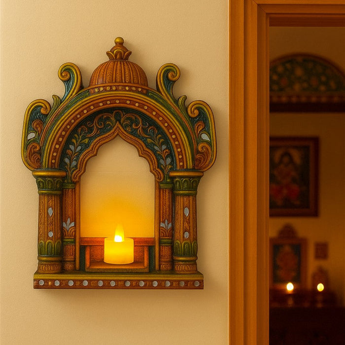 1 Pcs Handcrafted Jarukha Design Wooden Candle Holder –with FREE LED CANDLE with DIY KIT