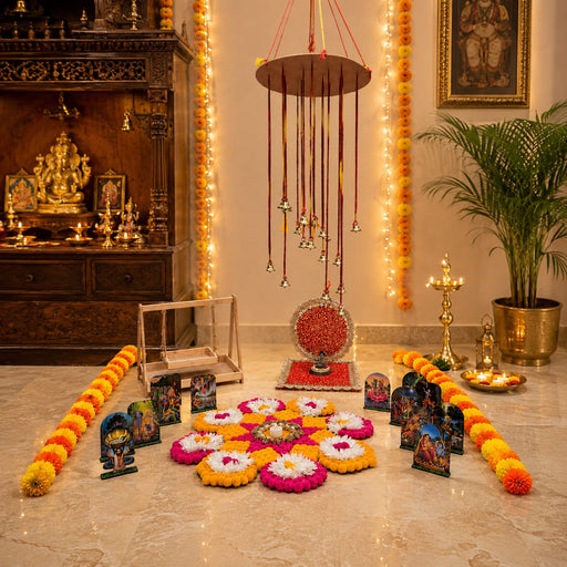 Janmashtami Special Combo | DIY Rangoli, Nadachhadi Hanging, Foldable Singhashan, Galgota Line, Jhula & 13-Pcs Krishna Jhanki Set