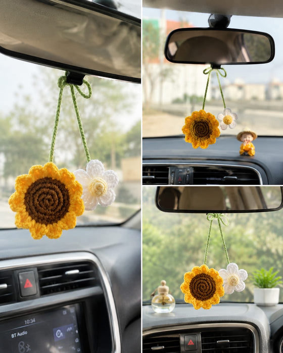 2 Pcs Artificial Sunflower Crochet Hanging Ornament for Home Decor | Handmade Sunflower Car Mirror Hanging Accessory | Crochet Flower Car Dashboard Decoration | Home, Window, Door