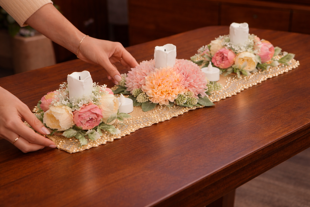 Artificial Flower Center Table Runner Candle Holders with LED candle for Center Table Decor, LED Tealight Candle with Artificial Floral Arrangement, Home Decoration, Housewarming, Wedding, and Festive Decor