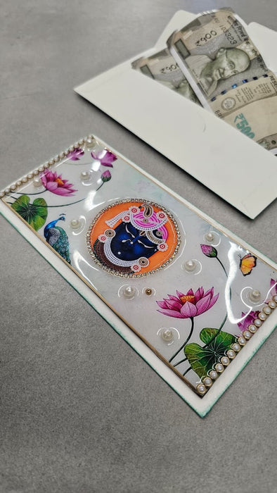 2 PCS Premium Decorative Resin Envelope/Money envelope with Krishna/shreensthji  & Elephant Design – Wedding Shagun Cash Gift Envelope (7.5×4 Inch)