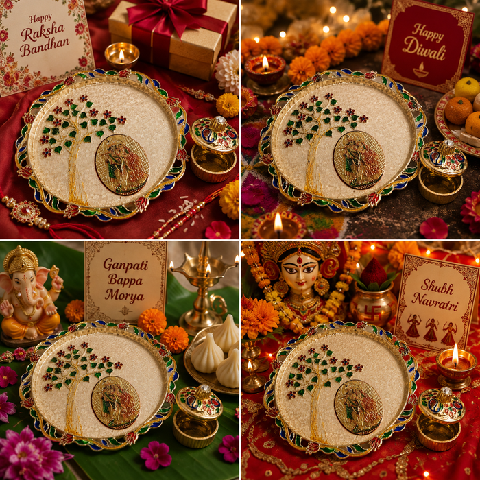 Elegant Plastic Pooja Thali Set with Decorative Kumkum Dabbi | 19 x 19 cm Raksha Bandhan Aarti Thali | Traditional Puja Thali for Rakhi, Ganesh Pooja, Diwali & Daily Worship