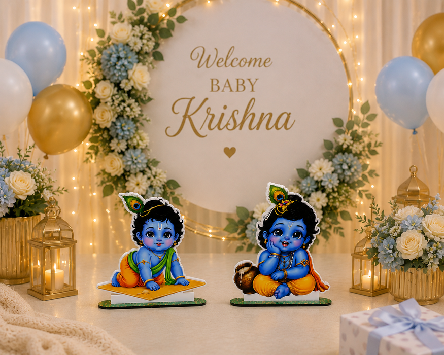 Baby Krishna and elephant MDF Cutouts with Stand | Perfect for Baby Shower, Janmashtami Decoration, Backdrop, Welcome Table & Showpiece