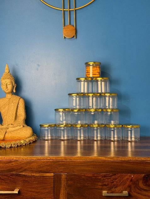 Plastic Transparent PET Storage Jars with Golden Lid | Airtight Containers for kitchen Storage, Dry Fruits, Chocolates, Sweets, & Gifting