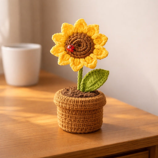 SATYAM KRAFT Handmade Crochet Sunflower Plant with Ladybug in Pot | Artificial Knitted Flower head Desk Decor | Cute Tabletop Home & Office Decoration | Gift Item for Birthday, Return Gift, Room Decor