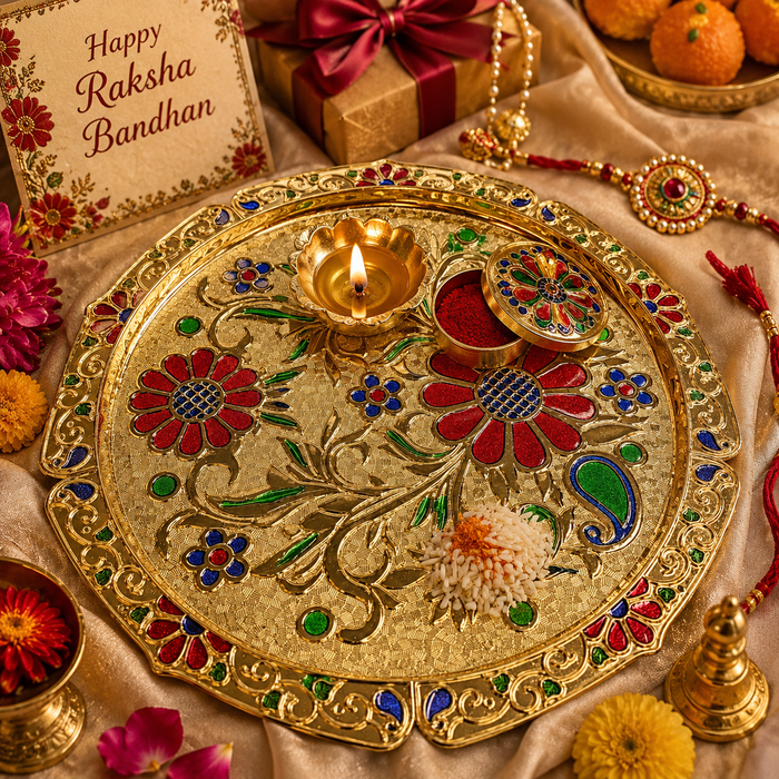 Elegant Plastic Pooja Thali Set with Decorative Kumkum Dabbi | 19 x 19 cm Raksha Bandhan Aarti Thali | Traditional Puja Thali for Rakhi, Ganesh Pooja, Diwali & Daily Worship