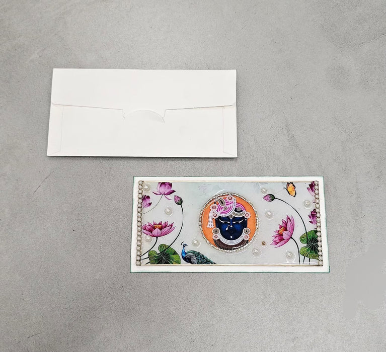 2 PCS Premium Decorative Resin Envelope/Money envelope with Krishna/shreensthji  & Elephant Design – Wedding Shagun Cash Gift Envelope (7.5×4 Inch)