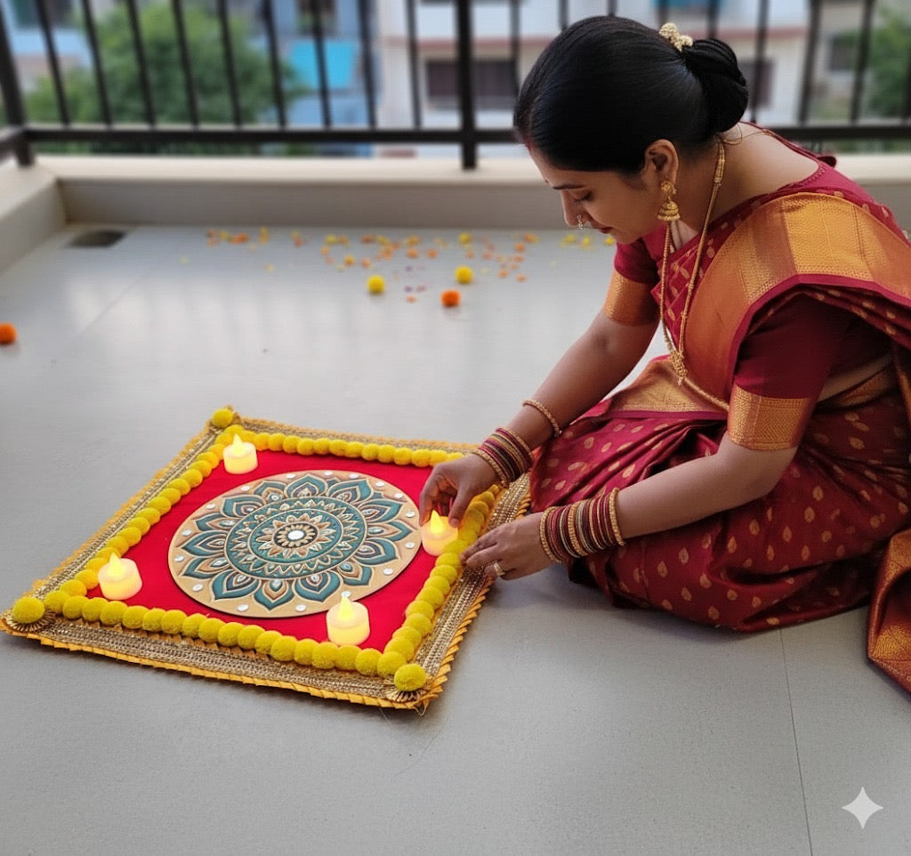 3D Mat Mandala Velvet  Rangoli with DIY Mirror Kit & 4 Free LED Candles – Festival Home Décor