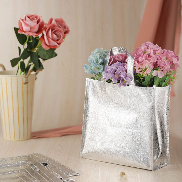 12 pcs Medium Size Non Woven Fabric Bag With Handle 34.5 x 32.5 cm Gift Paper bag, Carry Bags, gift bag, gift for Birthday, gift for Festivals, Season's Greetings and other Events(Silver)(Pack of 12)