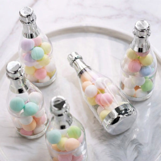 Silver Chandi Colour Champagne Design Plastic Storage Bottles (11.5 cm) | Perfect for Return Gifts, Chocolates, Dry Fruits & Invitations baatli,batli,chandi