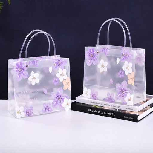 Transparent Gift Bag with Floral Print & leather Handle | Gift Bag for Her/Him, Handle hamper bag, Carry Bags, shopping gift bag, Presents, Packing, Wedding Return Gifts, Birthday, Events, Festivals (24 cm x 22 cm)