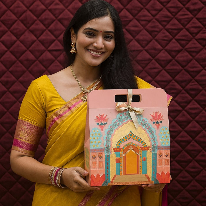 5 Pcs Affordable peach Rajwadi hamper Multipurpose Decorative Folding Paper Cardboard Box DIY Box for Gift Hamper, Diwali Gifting, Wedding gifing