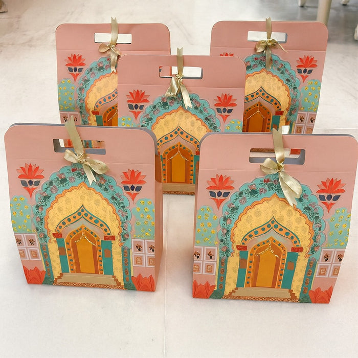 5 Pcs Affordable peach Rajwadi hamper Multipurpose Decorative Folding Paper Cardboard Box DIY Box for Gift Hamper, Diwali Gifting, Wedding gifing