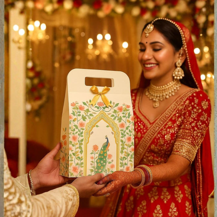 10 Pcs Shahi Dibba Foldable Peacock Hamper Boxes with Ribbon | Premium Gift Packaging for Weddings & Special Occasions