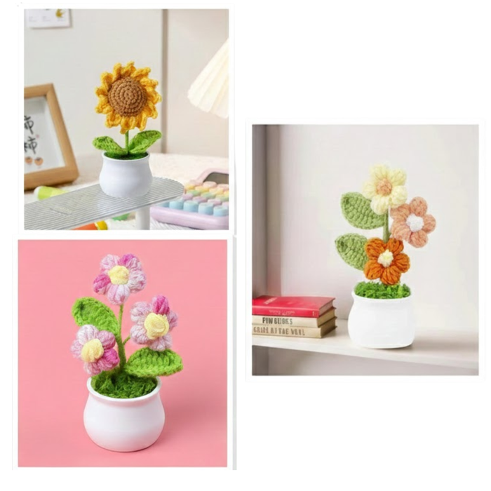 3 Pcs Handmade Sunflower & Daisy Crochet Flowers with Pot Completed Hand Woven Sunflowers Daisy Knitted Potted flower Plants Cute Knitted Flower pot for Home Decoration,Table Top,Table Decoration,Knitted sunflower pot gift for her/him.