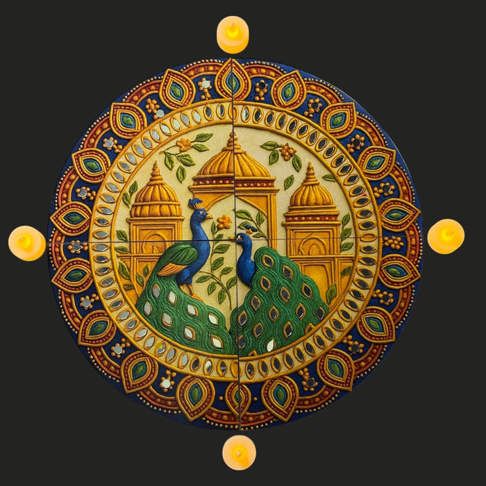 India’s First 3D DIY Rangoli Kit with Mirror Design | 17 Inch | Includes 5 Free LED Candles (Palace Peacock)