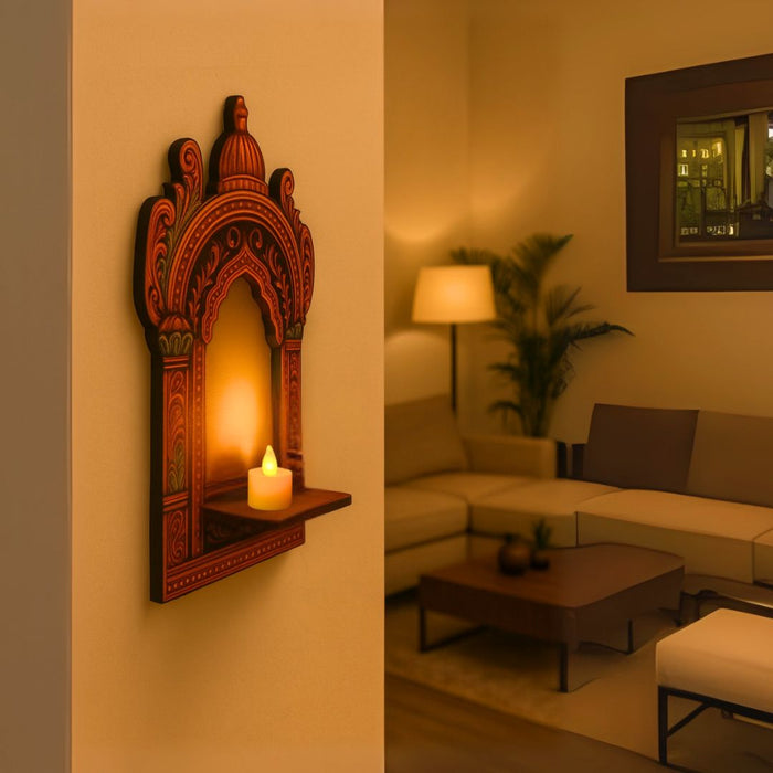 1 Pcs Handcrafted Jarukha Design Wooden Candle Holder –with FREE LED CANDLE with DIY KIT