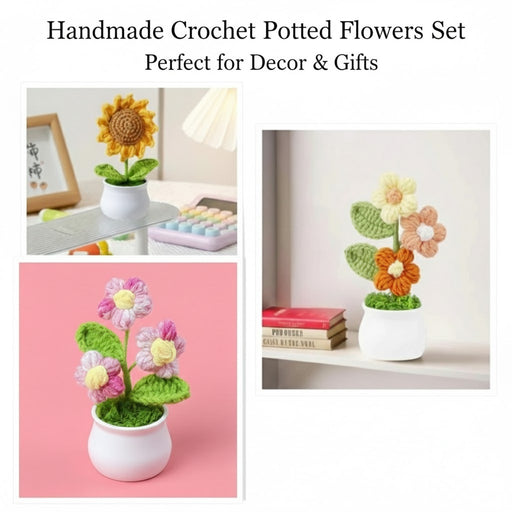 3 Pcs Handmade Sunflower & Daisy Crochet Flowers with Pot Completed Hand Woven Sunflowers Daisy Knitted Potted flower Plants Cute Knitted Flower pot for Home Decoration,Table Top,Table Decoration,Knitted sunflower pot gift for her/him.