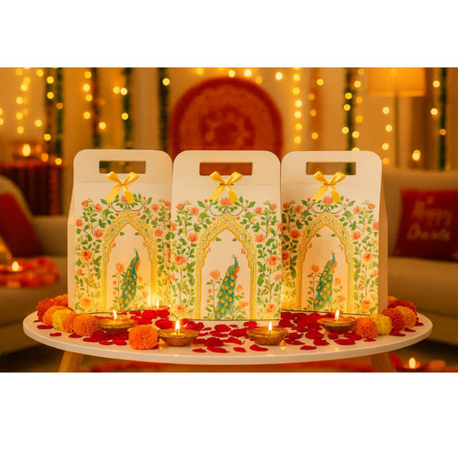 5 Pcs Shahi Dibba Foldable Peacock Hamper Boxes with Ribbon | Premium Gift Packaging for Diwali, Weddings & Special Occasions