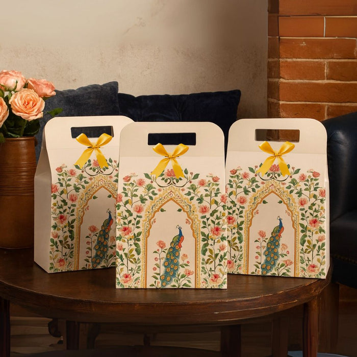 5 Pcs Shahi Dibba Foldable Peacock Hamper Boxes with Ribbon | Premium Gift Packaging for Diwali, Weddings & Special Occasions
