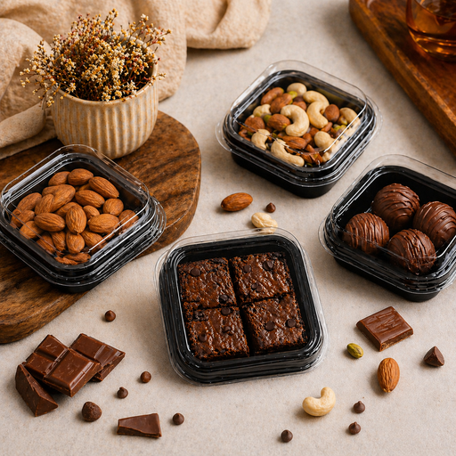 Disposable Square Food Container with Lid 11×11×4 cm | Black Base Meal Box for Cakes, Brownies, Snacks & Takeaway Packaging