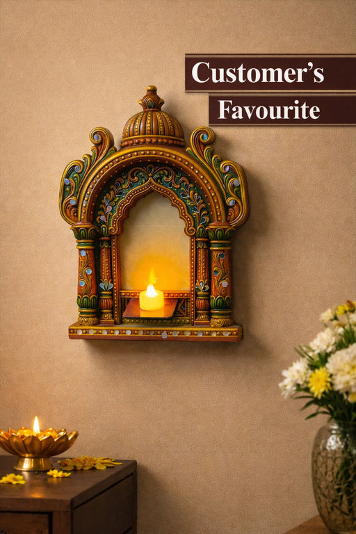 DIY Traditional Jharokha Mirror Kit (No Drill Required) with Free LED Candle & Hook – 2D Wooden MDF Wall Hanging Decor for Home, Mandir, Living Room, Festive Gifting & Decoration Showpiece