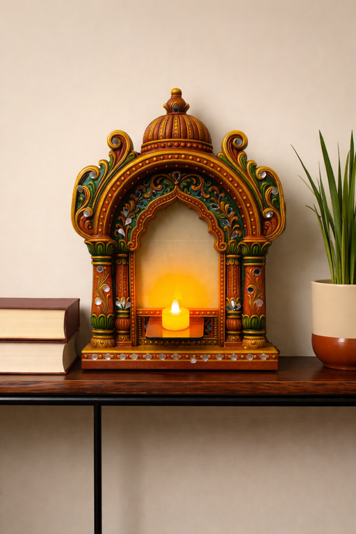 DIY Traditional Jharokha Mirror Kit (No Drill Required) with Free LED Candle & Hook – 2D Wooden MDF Wall Hanging Decor for Home, Mandir, Living Room, Festive Gifting & Decoration Showpiece