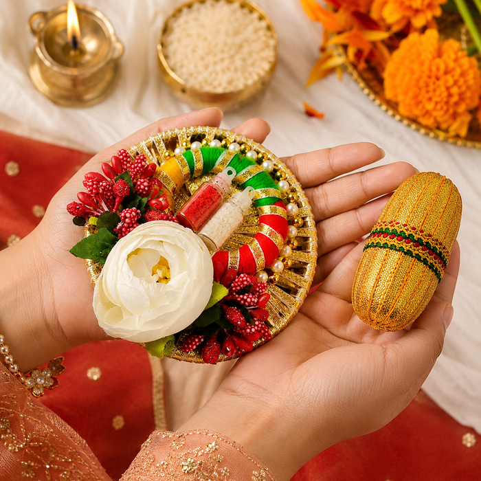 Handcrafted Rakhi Roli Chawal Thali (4 inch) with Gatt Nariyel, Roli Chawal  | Festive Raksha Bandhan Platter