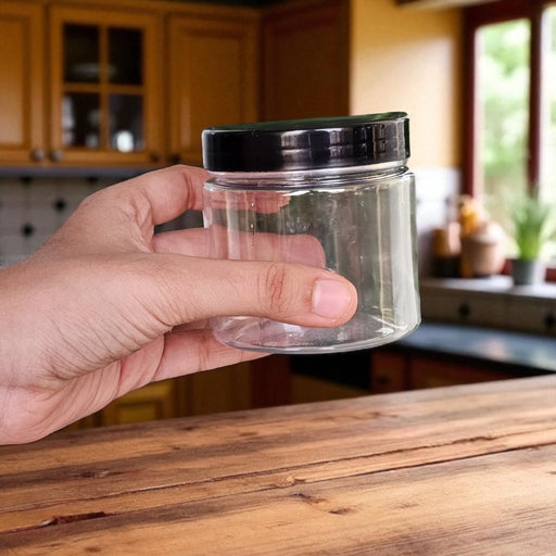 Black Lid Airtight Plastic PET Jar | 200ml & 300ml Food Grade Jars for Storage & Gifting