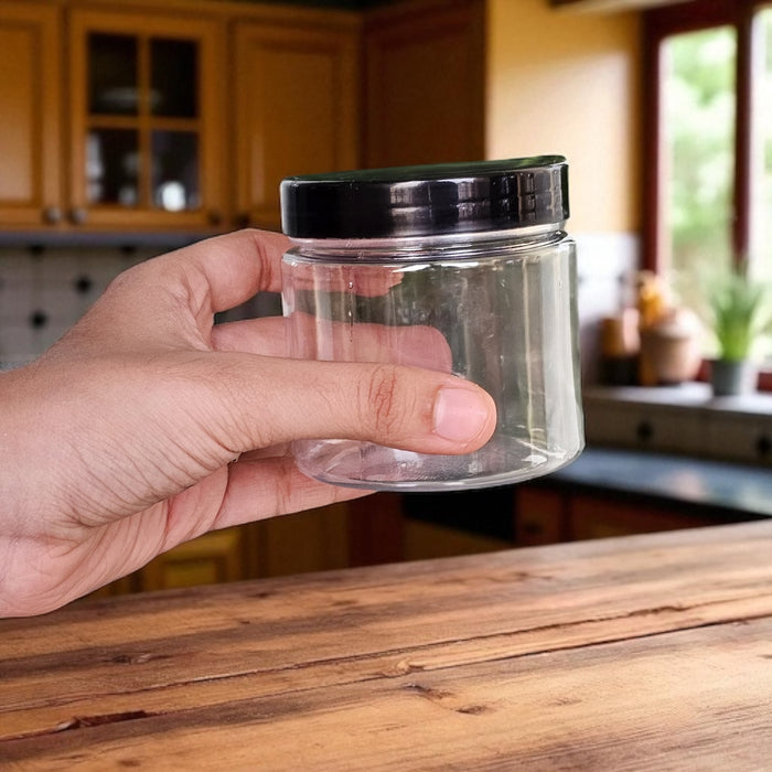 Black Lid Airtight Plastic PET Jar | 200ml & 300ml Food Grade Jars for Storage & Gifting