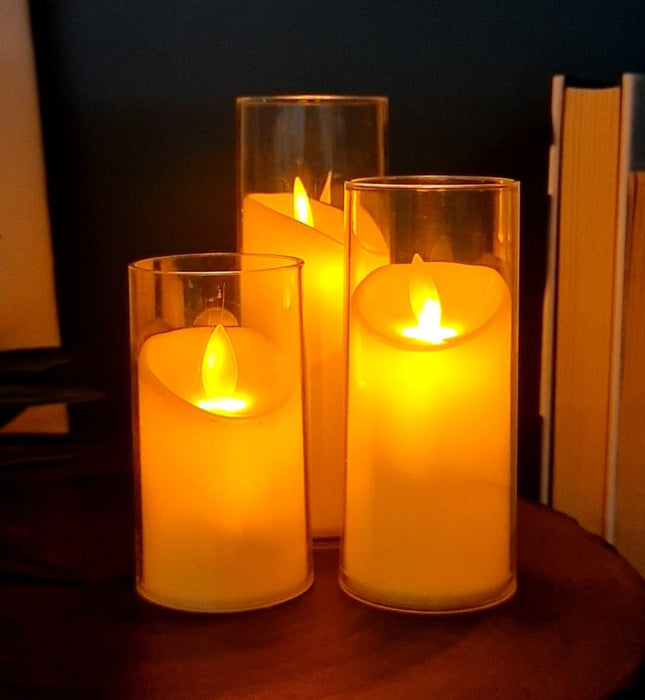 3 pcs Dancing Flameless Led Tea Light Piller Candle for Home Decoration, Gifting, House, Light for Balcony, Room, Birthday, Diwali, Festival Decorative(small,medium,large)