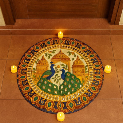India’s First 3D DIY Rangoli Kit with Mirror Design | 17 Inch | Includes 5 Free LED Candles (Palace Peacock)